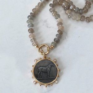 Antique-look Coin Necklace with Horse Motif • Equestrian Style Beaded Choker